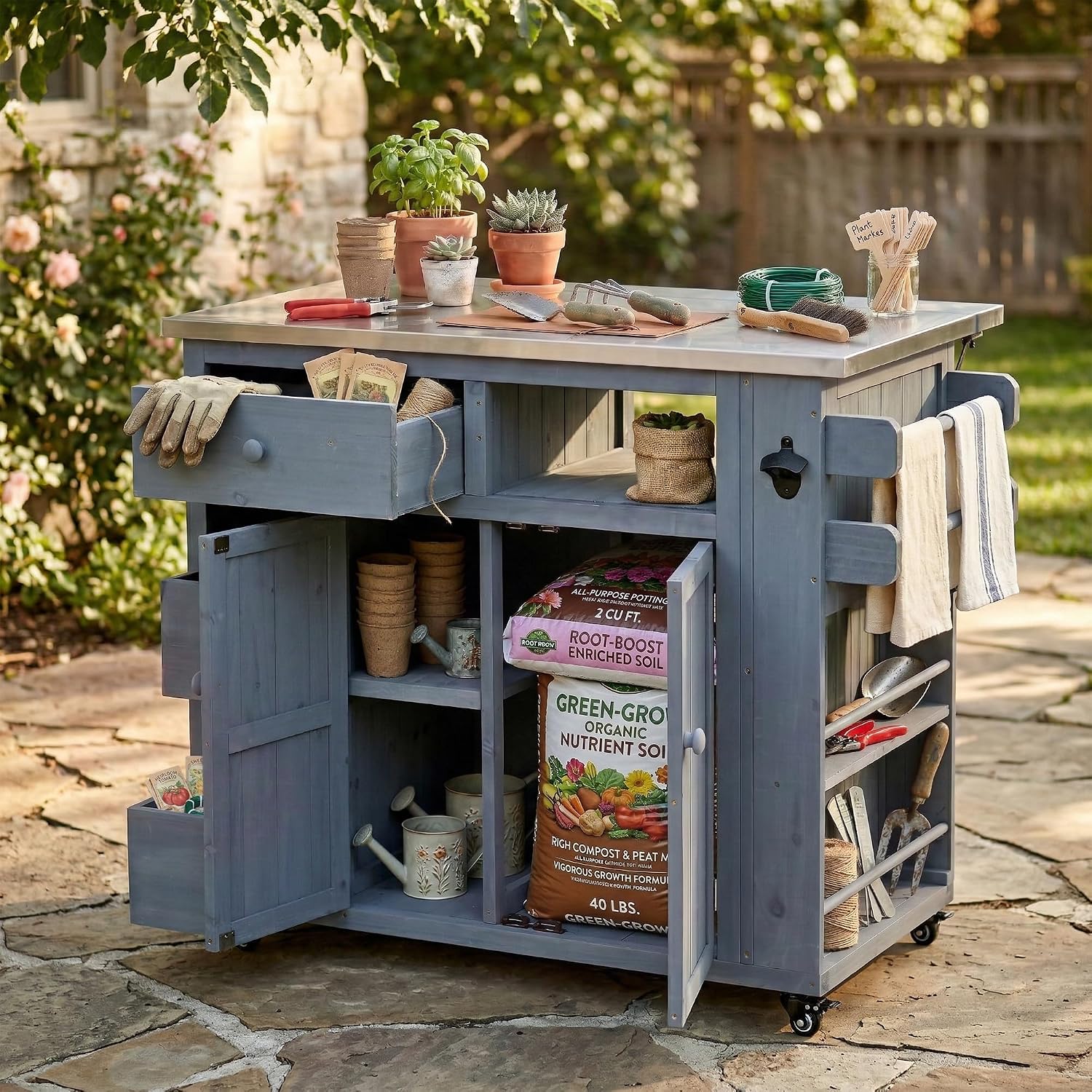 Outdoor Solid Wood Extendable 19.3''/28'' Kitchen Island,Stainless Steel Top Grill Table with Side Spice Rack,Drawers,for Backyard, BBQ,Party (Gray-D)