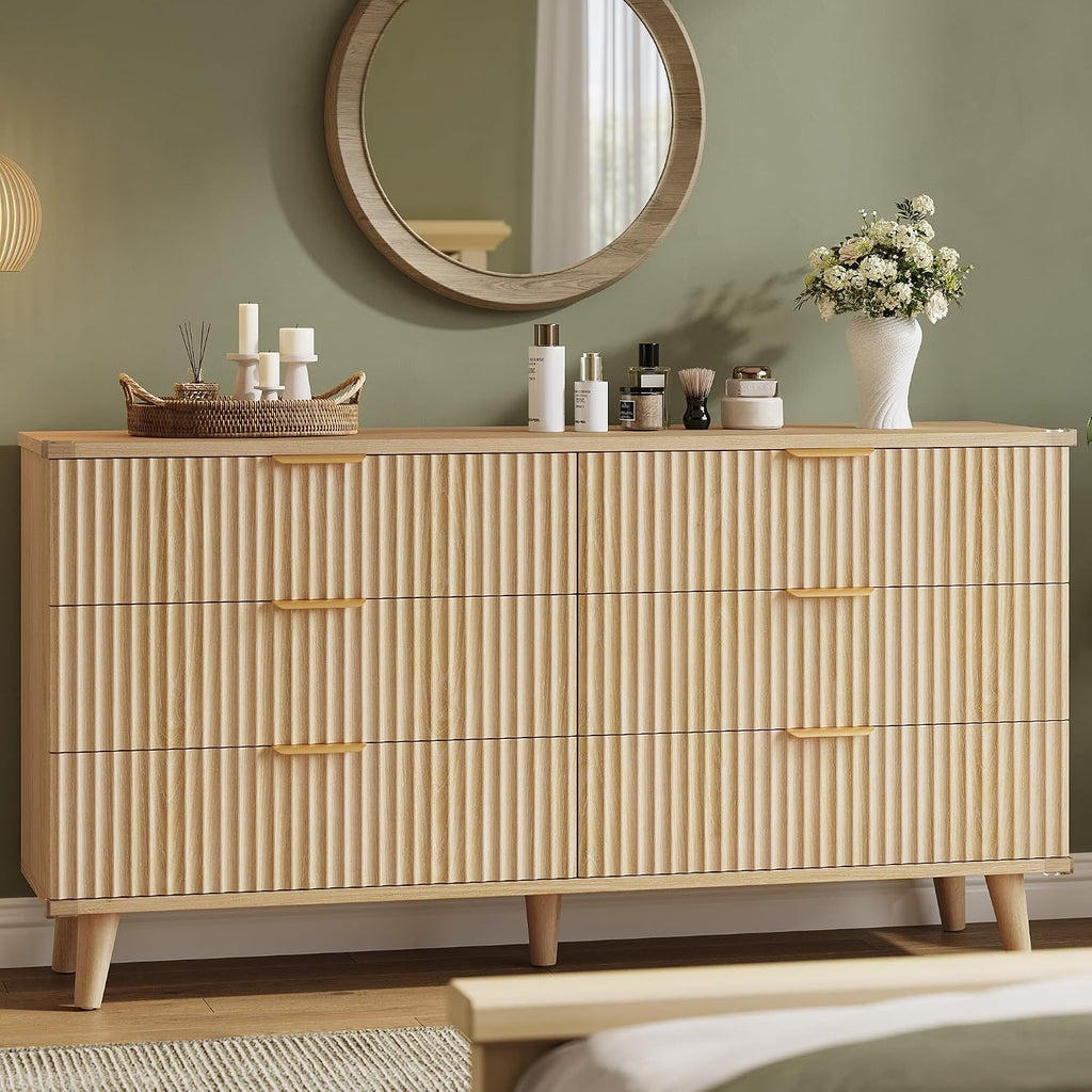 Lulive Dresser for Bedroom Wood Dressers Chest of Drawers, Fluted 53.2' Wide Modern Long Dresser TV Stand 6 Drawers for Bedroom, Closet, Living Room, Hallway (Natural)