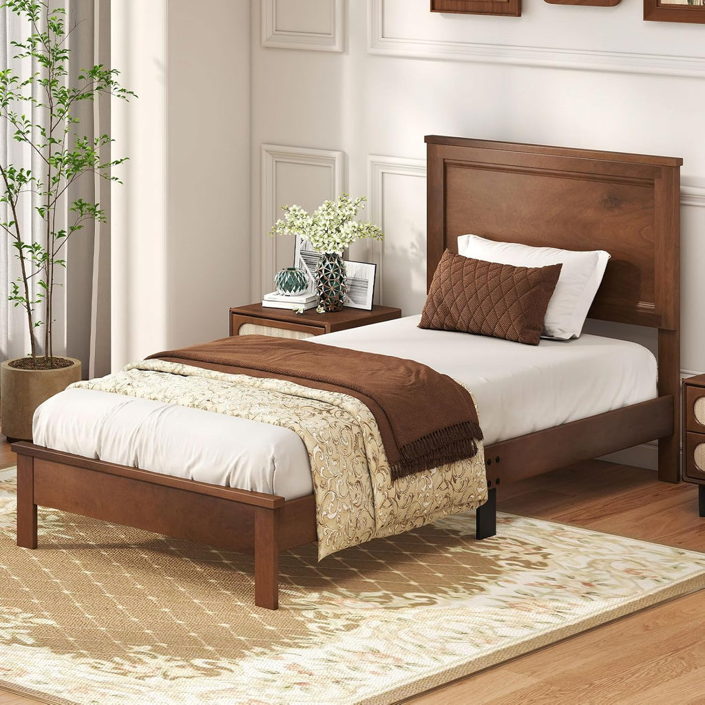 GOFLAME Twin Size Wood Bed Frame, Mid-Century Modern Platform Bed with Headboard, Solid Wood Legs, Mattress Foundation with 12 Wooden Slats, No Box Spring Needed, Walnut