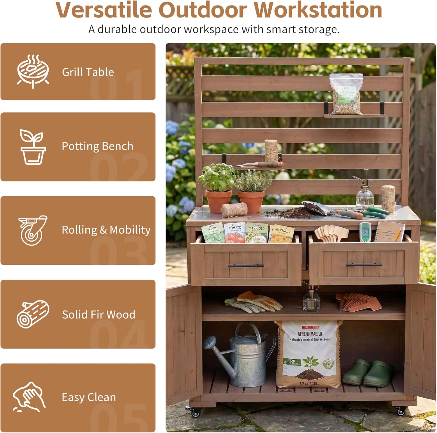 Solid Wood Grill Prep BBQ Table,Garden Potting Bench with Stainless Table Top,3 Movable Shelves and 2 Drawers (Brown-LP)