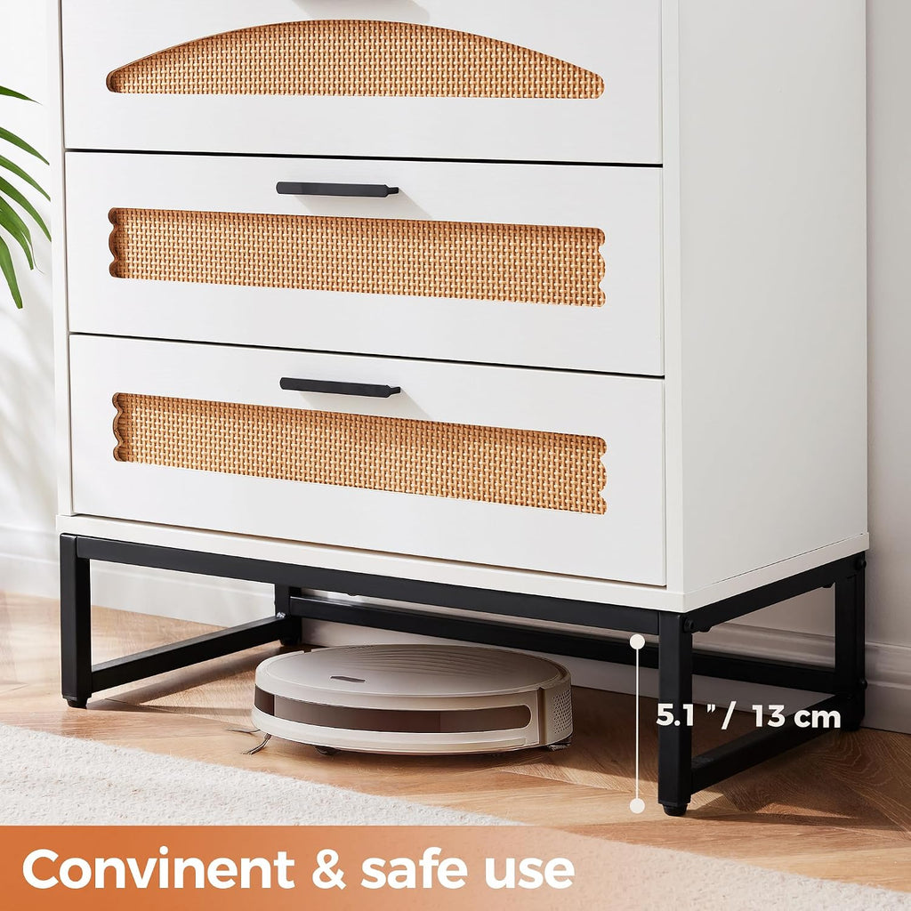 Mericonia 4 Drawer Rattan Dresser for Bedroom, Wood Tall Dresser for Closet with Metal Handles, Boho Nightstand Sets, Dressers & Chests of Drawers for Bedroom, Hallway and Entryway, White