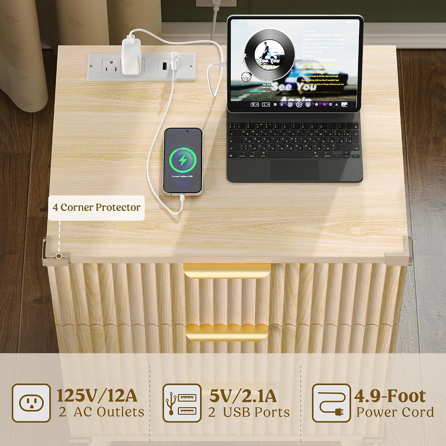 Lulive Wood Night Stand Set 2 Fluted Dresser for Bedroom 3 Drawers End Tables Nightstand with Charging Station, Storage Modern Side Table Natural