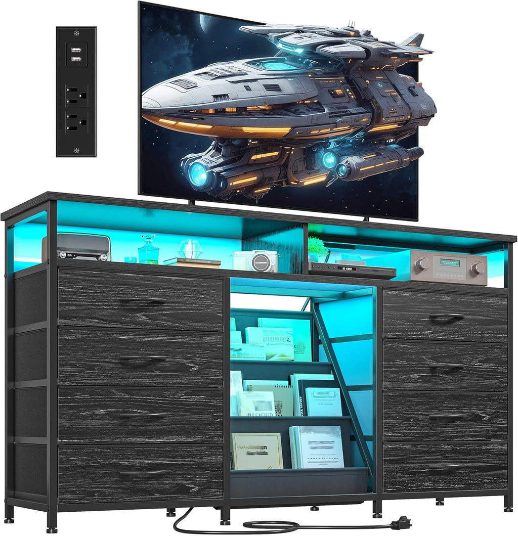 EnHomee 55 ' W Dresser for Bedroom with Bookrack & 8 Fabric Drawers, Dresser TV Stand with Power Outlet & LED Lights for 65 Inch TV, Chest of Drawers for Cabinet, Entryway, Charcoal Black