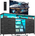 EnHomee 55 ' W Dresser for Bedroom with Bookrack & 8 Fabric Drawers, Dresser TV Stand with Power Outlet & LED Lights for 65 Inch TV, Chest of Drawers for Cabinet, Entryway, Charcoal Black