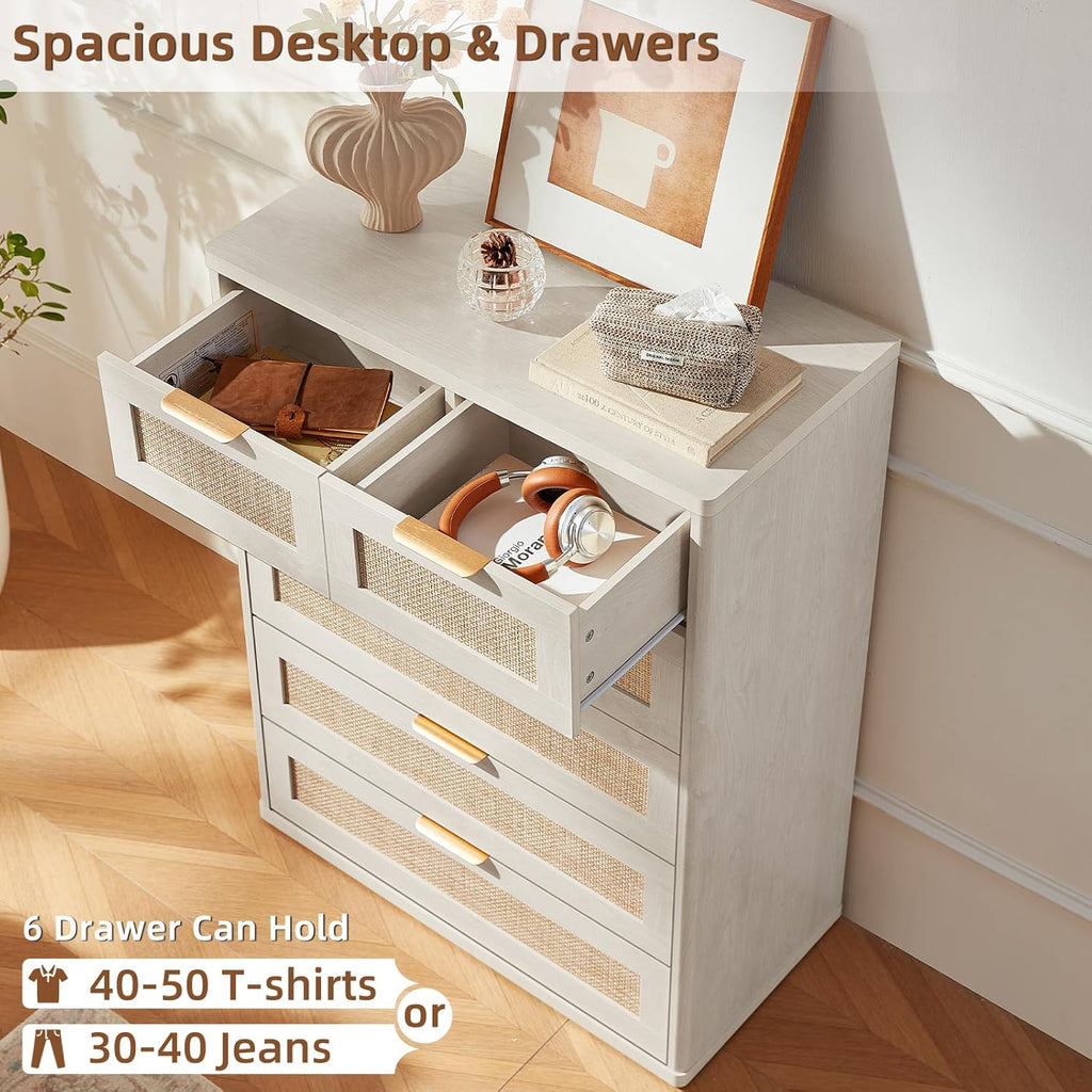 LEYAOYAO White Dresser for Bedroom Set of 2, 41' Tall Chest of Drawers, Modern 6 Drawers Boho Rattan Dressers with Storage, Dresser Wooden Closet Organizer for Living Room, Hallway