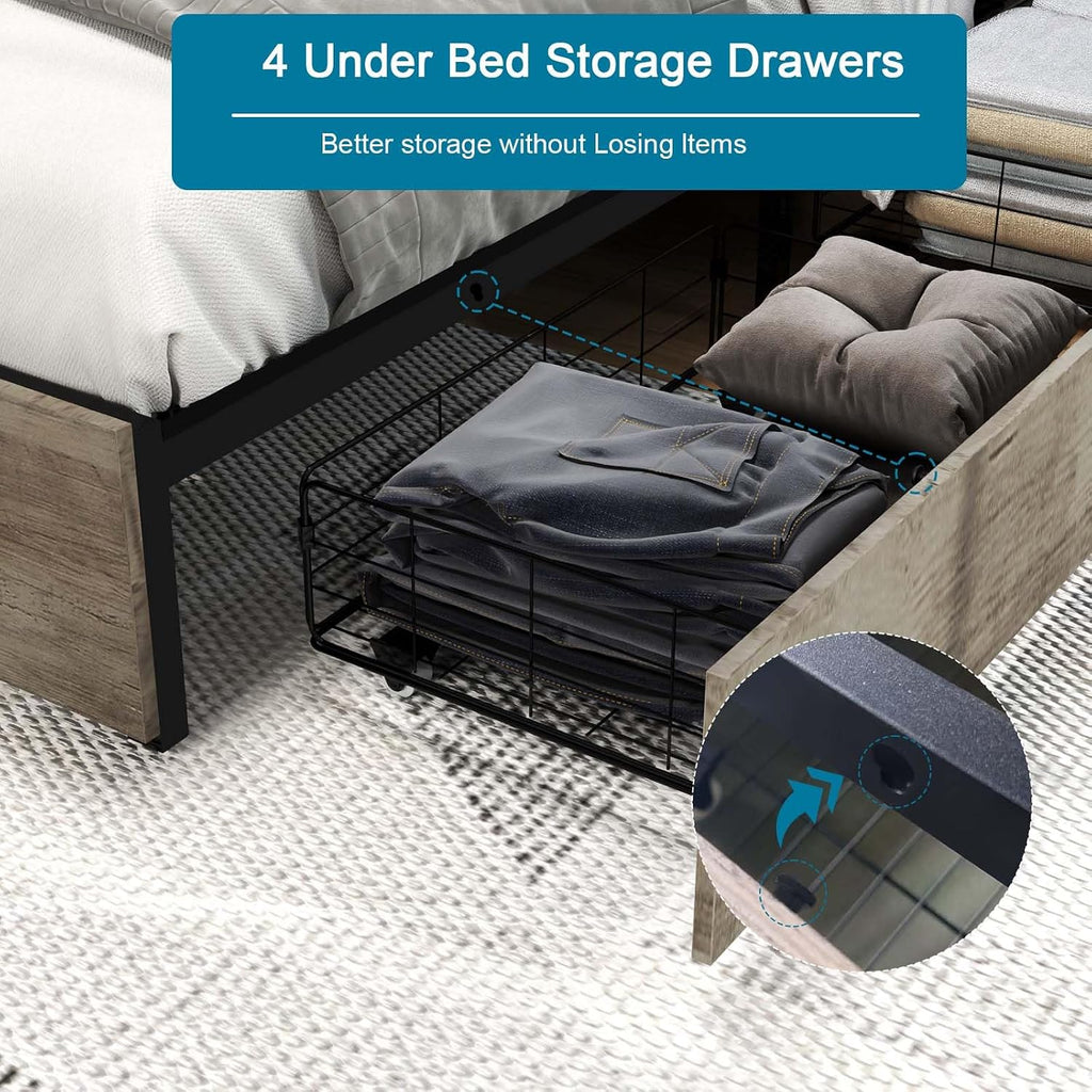Kiivakii Full Size Bed Frame with Headboard, LED Platform Bed with 4 Storage Drawers, Built in Charging Station, Noise-Free, Metal Support Base, No Box Spring Needed, Gray