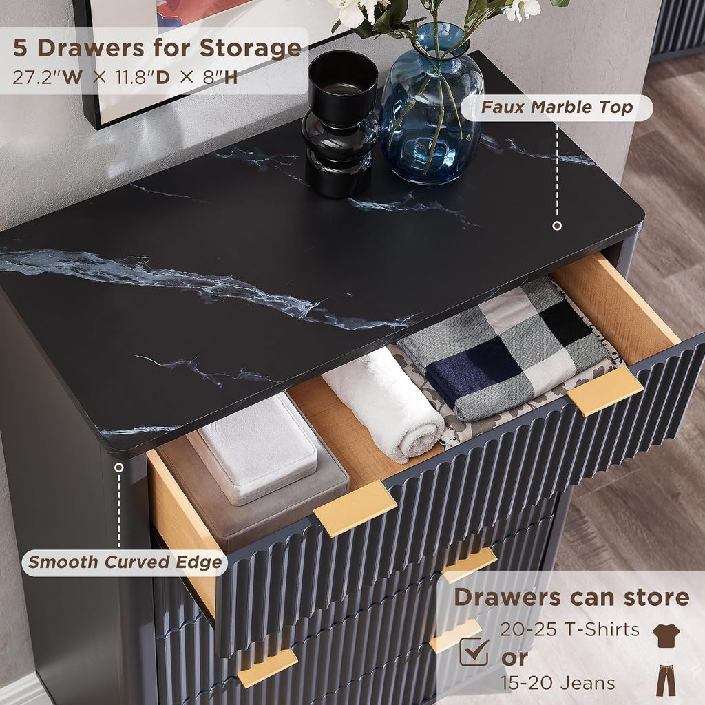 T4TREAM Fluted 5 Drawers Dresser, 48' Tall Modern Chest of Drawers with Faux Marble Top, Curved Profile Design, Wood Drawer Organizer for Bedroom, Living Room, Hallway, Entryway, Dark Grey