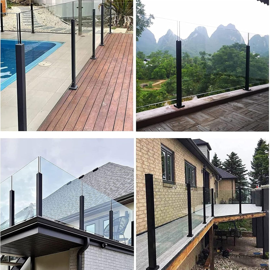 Shower Glass Clamp, Square Glass Railing, Black Glass Panels Post Steel Guardrail, Outdoor Deck Balcony Patio Railing System Clamps, Height 65/75/85/95/105/115cm Fence Pole Column(End Post,Height-75cm