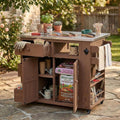 Outdoor Solid Wood Extendable Kitchen Island, Stainless Steel Top Grill Table with Side Spice Rack, Kitchen Cart with Drawers, Storage Cabinet for Backyard, BBQ,Party (Brown/S)