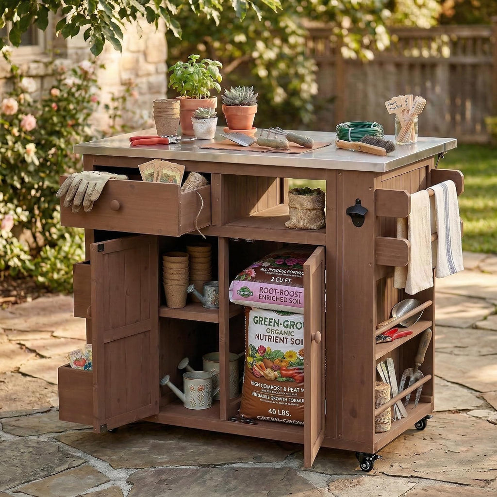 Roomfitters Outdoor Grill Cart and BBQ Prep Station, Stainless Steel Top, Rolling Kitchen Island Potting Bench, Brown