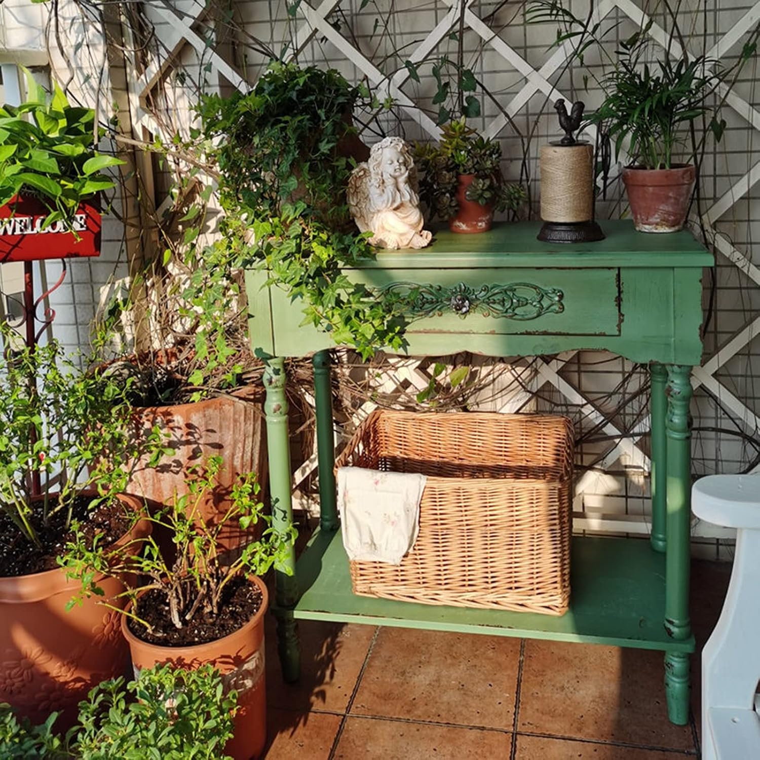 YYUN Wooden Potting Planting Table Retro Garden Practical Workstation Decorative with Drawer and Open Shelves for Outdoor or Indoor, 80×38×83.5cm, Green