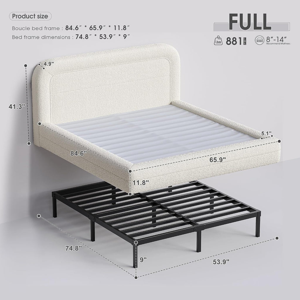 Homkdom Cloud Bed Frame with Headboard, Upholstered Soft Full Bed Frame with Round Edges, Boucle Platform Bed for Modern Bedrooms & Apartments & Guest Rooms, No Box Spring Needed,Beige