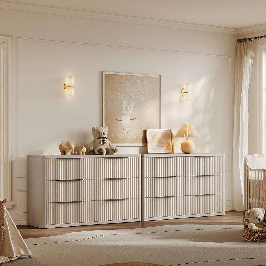 SICOTAS Dresser for Bedroom 107' Wide 6 Drawer Dressers & Chests of Drawers for Closet Long Large Modern TV Stand Set for Clothes Storage Fluted Wide Clothes Closet for Hallway Entryway, White Alder