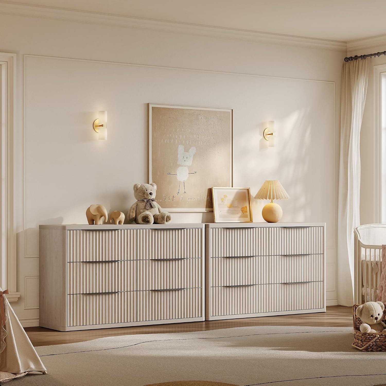 SICOTAS Dresser for Bedroom 107' Wide 6 Drawer Dressers & Chests of Drawers for Closet Long Large Modern TV Stand Set for Clothes Storage Fluted Wide Clothes Closet for Hallway Entryway, White Alder