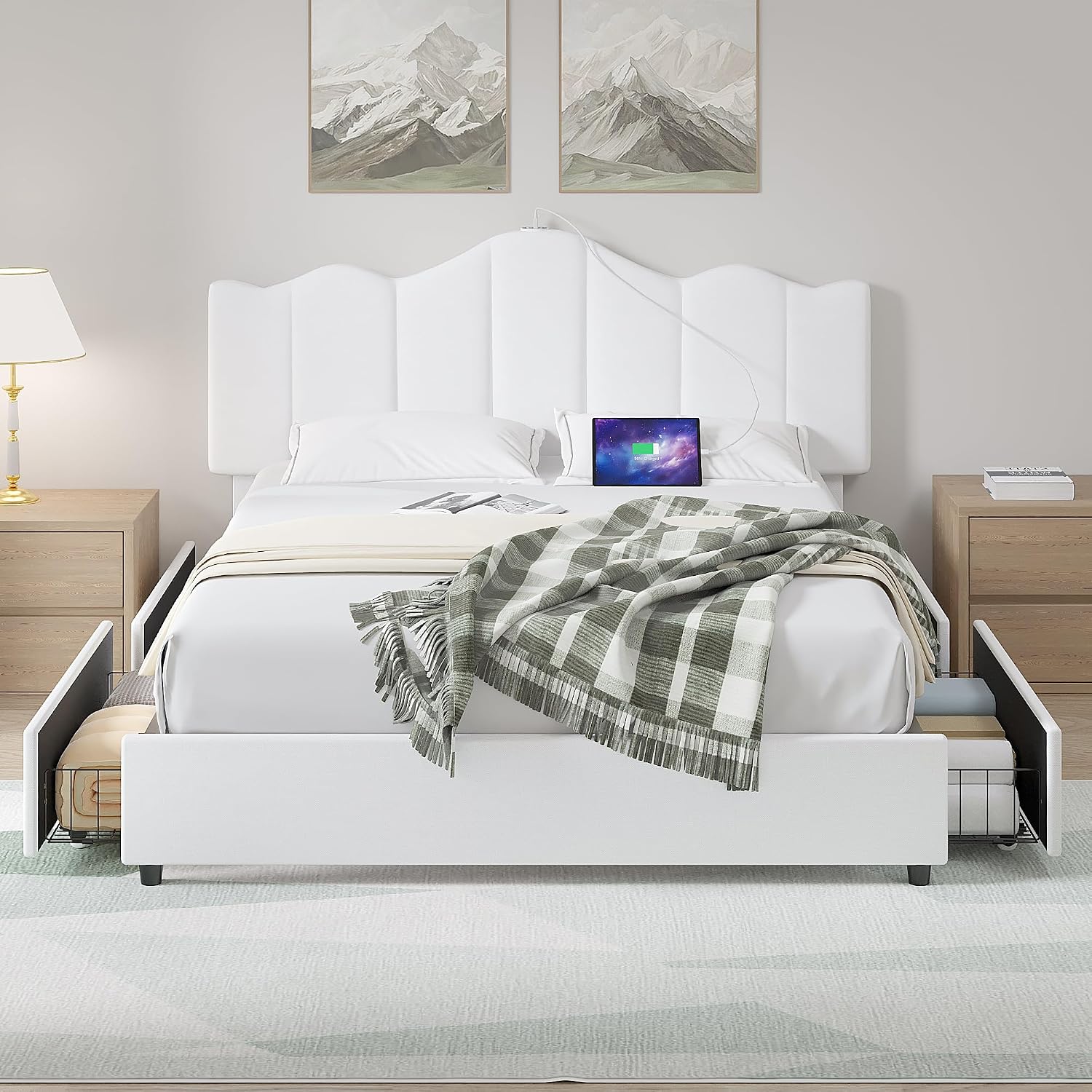 VECELO Full Size Platform Bed Frame with Type-C & USB Charging Stations/4 Storage Drawers, Upholstered Adjustable Headboard, Strong Wooden Slats Support, No Box Spring Needed, Easy Assembly