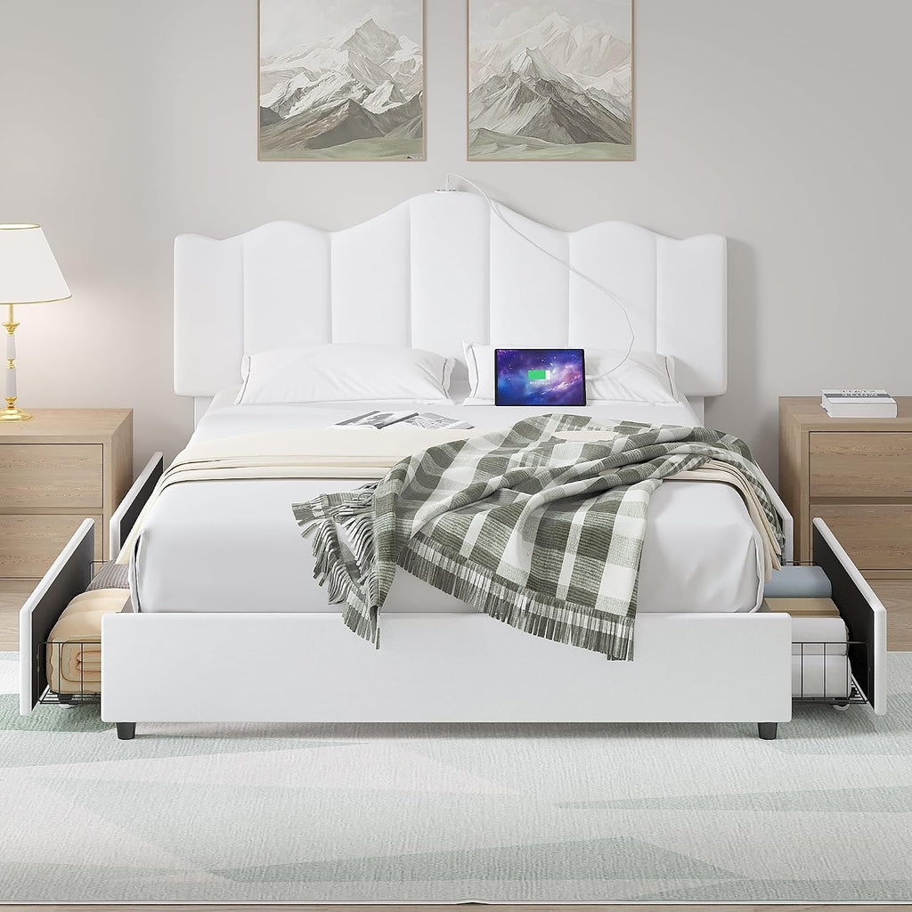 VECELO Queen Size Platform Bed Frame with Type-C & USB Charging Stations/4 Storage Drawers, Upholstered Adjustable Headboard, Strong Wooden Slats Support, No Box Spring Needed, Easy Assembly