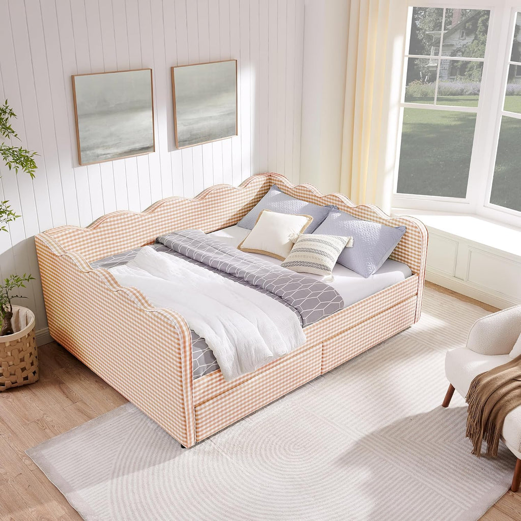 DEINPPA Queen Size Upholstered Daybed with 2 Storage Drawers, Gingham Daybed with USB Ports for Bedroom Living Room Guest Room-Pink
