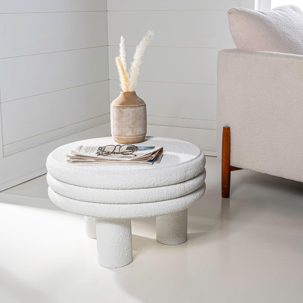 JONATHAN Y Rashida 13.5' Ribbed Polyresin Indoor Outdoor Table, White | Contemporary Curvy Minimalist Silhouette, Stacked Ring Motif, Tripod Pillar Base, Weather Resistant, Frosted Finish