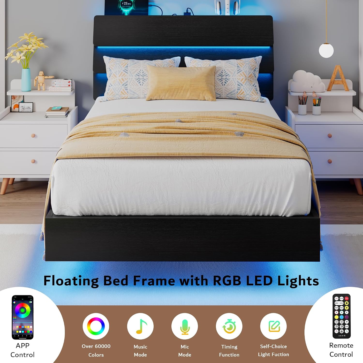 iPormis Floating Twin Size Bed Frame with LED Lights & Charging Station, Platform Bed with Wooden Storage Headboard, Heavy Duty Slats Support, No Box Spring Needed, Easy Assembly, Noise-Free, Black