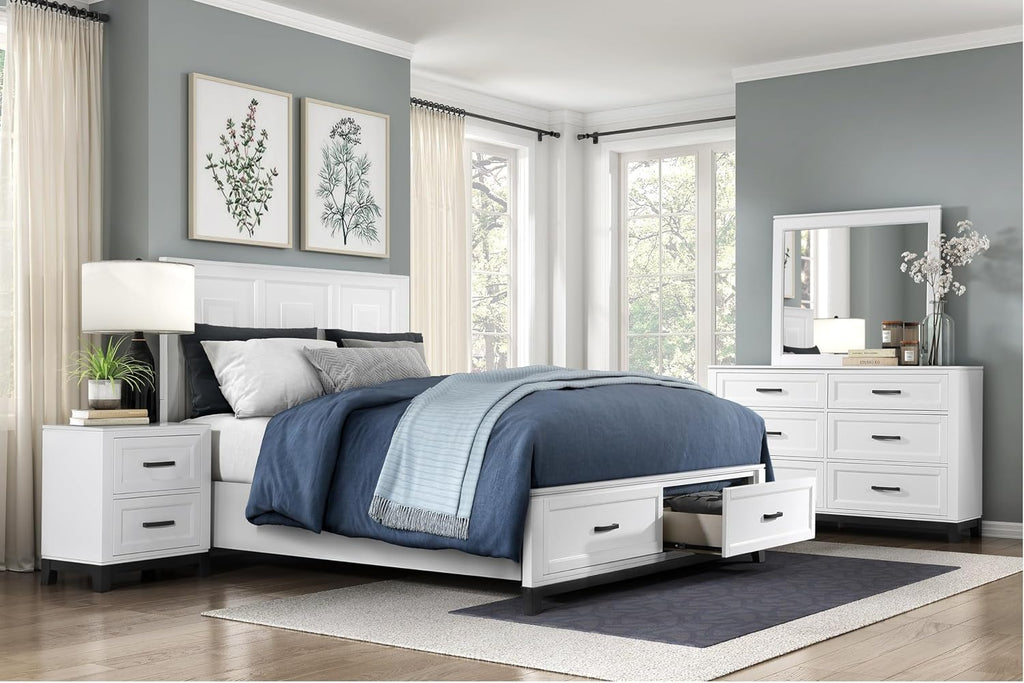 5 Pieces Full Size Bedroom Set White Finish Platform Bed with Storage Footboard Wooden Furniture