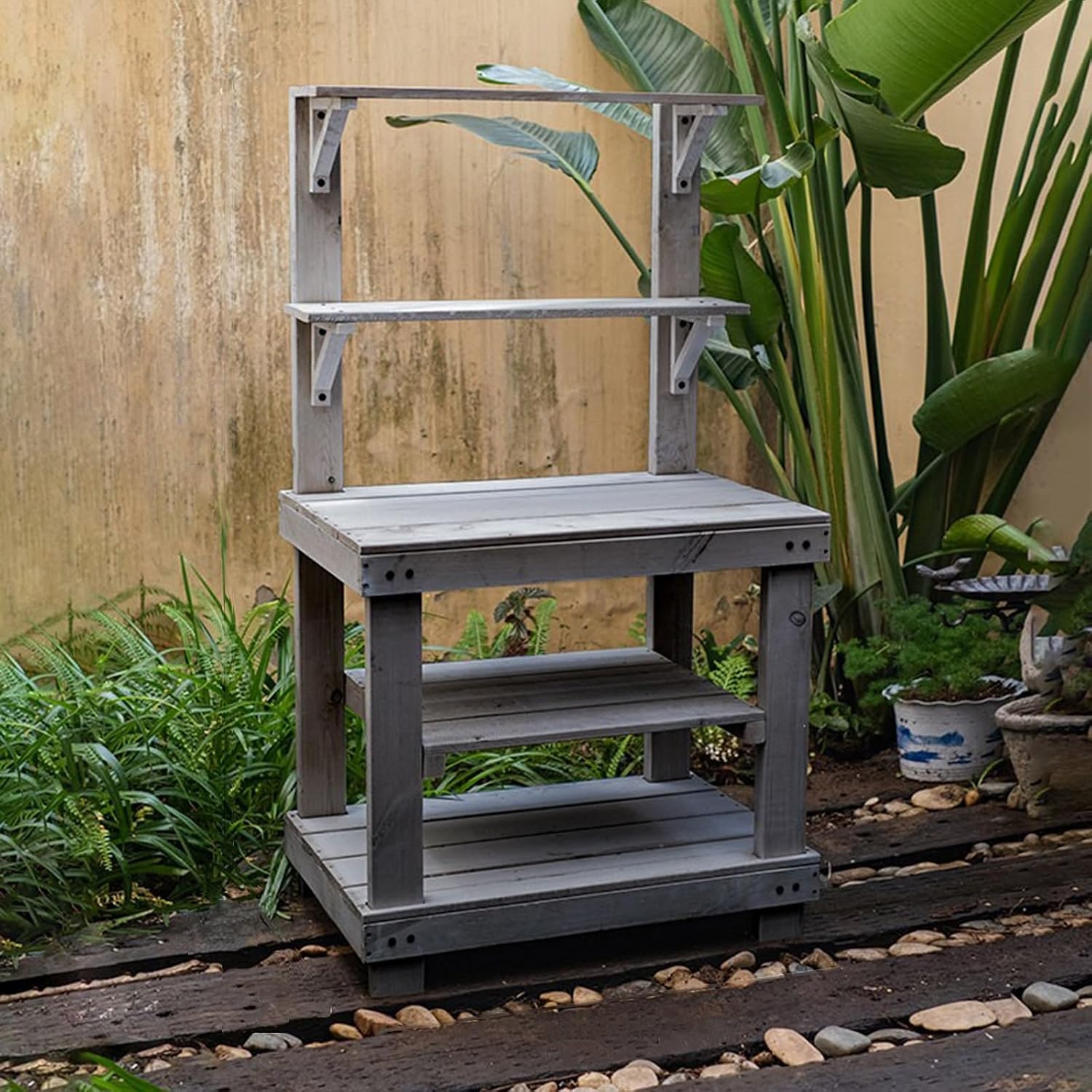 Outdoor Potting Bench Garden Potting Table, Horticulture Work Table Workstation with Storage Shelf, Potting Work Bench Station for Garden Patio Backyard (Color : Gris, Size : Small)