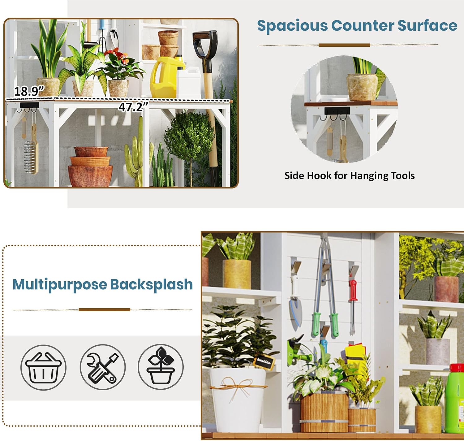 64.6' Outdoor Large Potting Bench Table,Wood Workstation with 6-Tier Shelves and Large Tabletop,Backsplash and Side Hook,for Mudroom Backyard Garden Patio (White@Shelves)