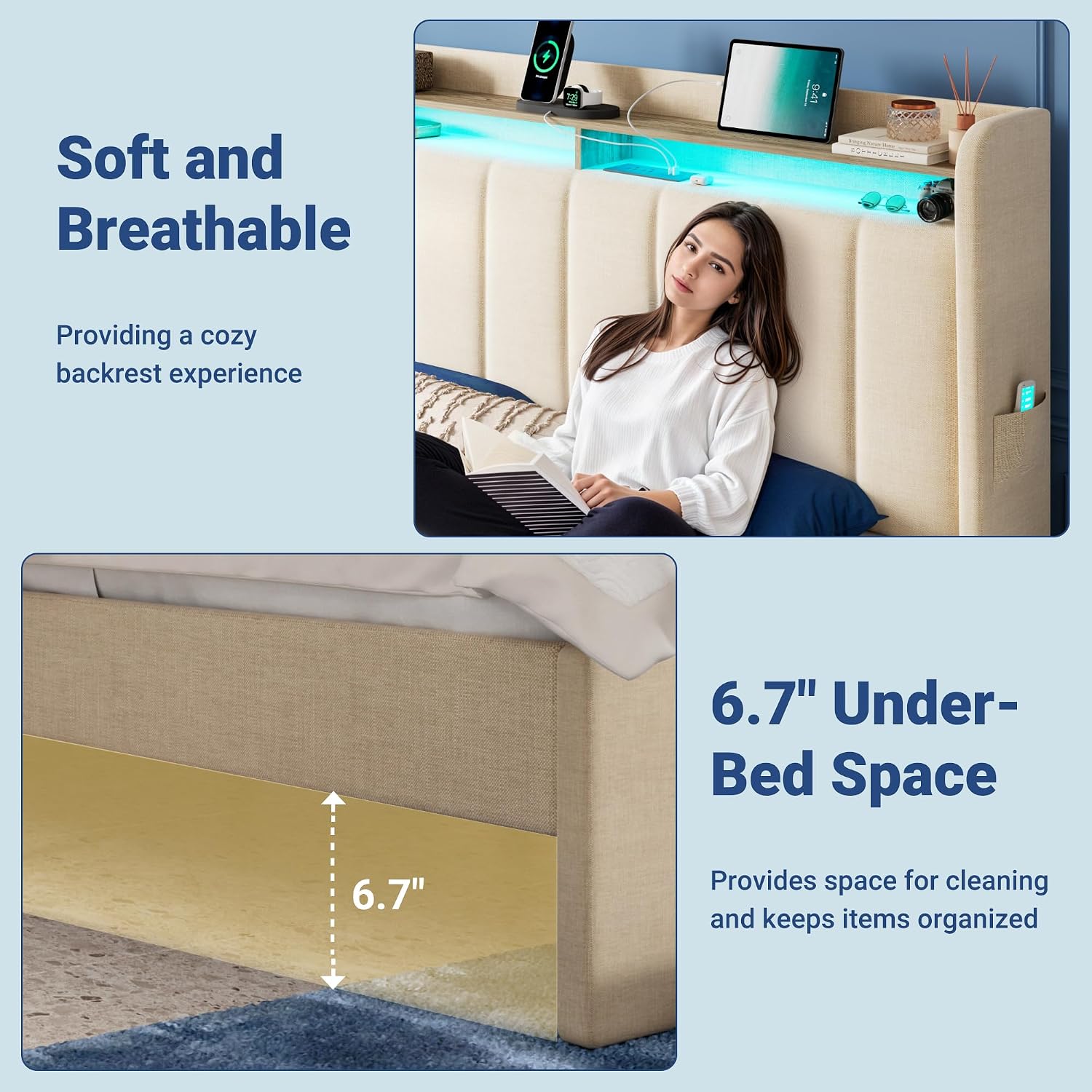 Allewie Vertical Tufted Full Size Upholstered Platform Bed Frame with 2-Tier LED Storage Headboard & 2 Storage Drawers, USB & Type-C Charging Ports, Noise-Free/No Box Spring Needed, Beige