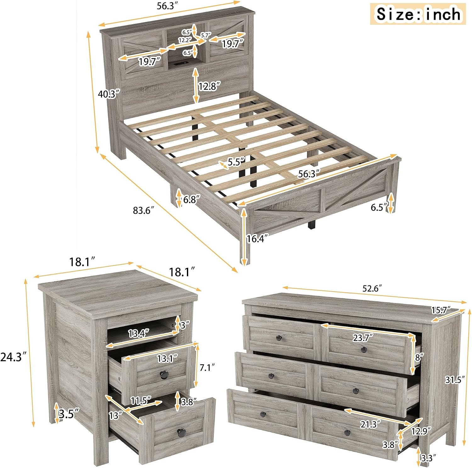 Polibi 3-Pieces Bedroom Sets Full Size Platform Bed with Double Sliding Door Charging Headboard, Socket & USB, Includes Bedside Table and Dresser, Antique Gray