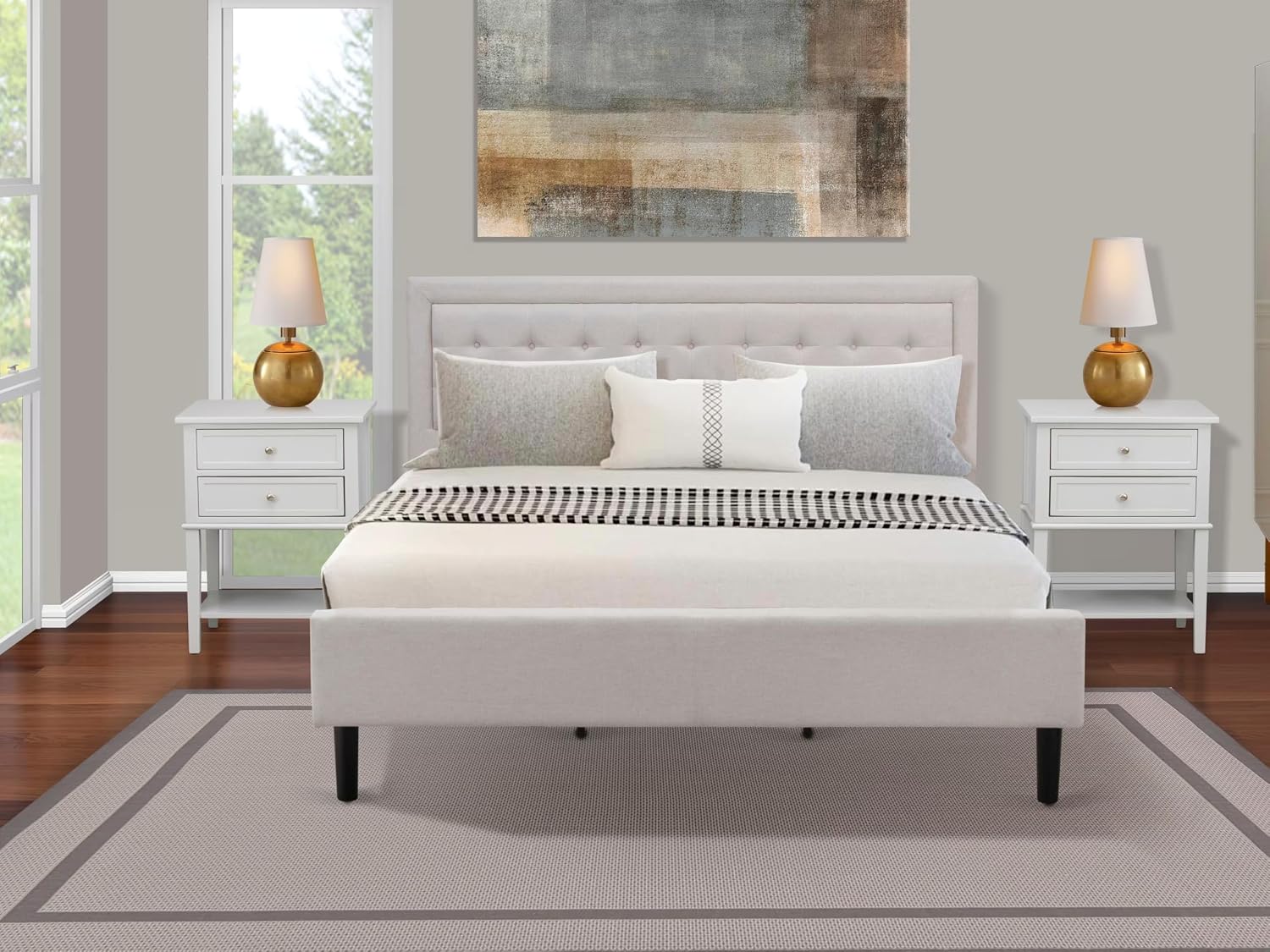 East West Furniture FN08K-2VL14 3-Piece Platform King Size Bedroom Set with 1 Mid Century Bed and 2 Night Stands - Reliable and Durable Manufacturing - Mist Beige Linen Fabric