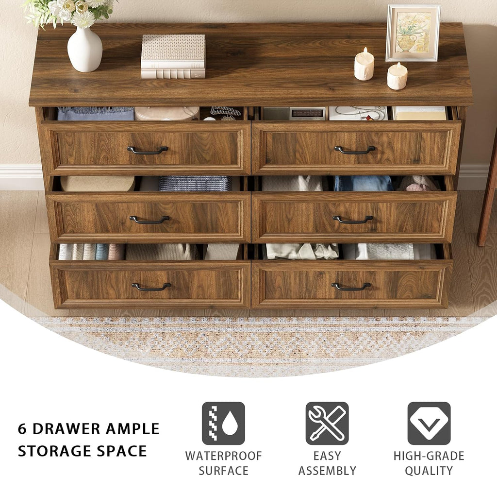 Farmhouse 6 Drawer Dresser for Bedroom, 55 Inch Wide Modern Walnut Dresser TV Stand with Large Drawers & Bar Handles, Rustic Wood Chest of Drawers for Bedroom, Living Room, Hallway, Entryway.