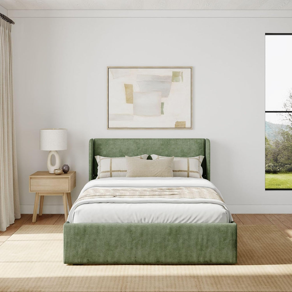 Plank+Beam Upholstered Full Bed Frame with Rectangular Headboard and Two Storage Drawers, Upholstered Platform Bed, No Box Spring Needed, Easy Assembly, Green