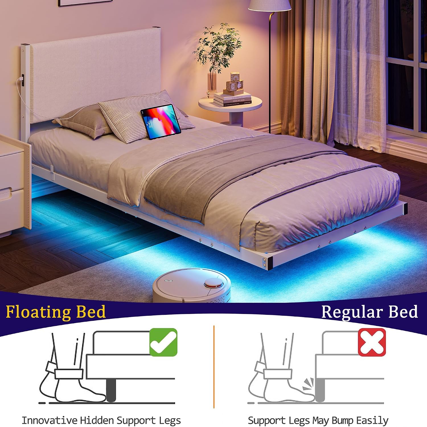 Twin Floating Bed Frame with Headboard,Twin Size Floating Bed Frame with LED Lights & USB Charging Station,Metal Platform Bed with Strong Slats Support,No Box Spring Needed,Easy Assembly,White