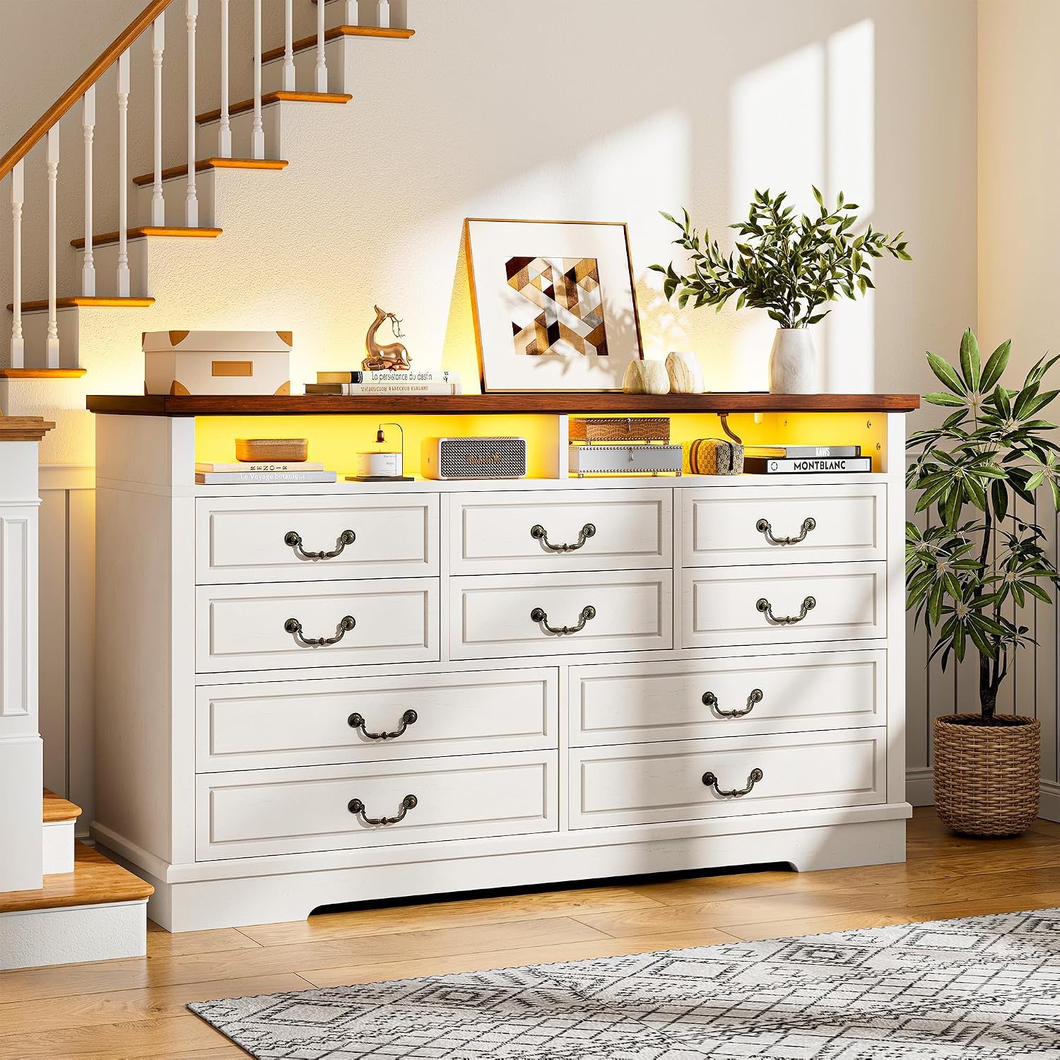 EnHomee 10 Drawers Dresser for Bedroom 55.2''Wide Wood Dresser White with LED & Power Outlet Large Space Saver & Chests of Drawers for Hallway, 55.2' W x 39.4' H x15.8 D