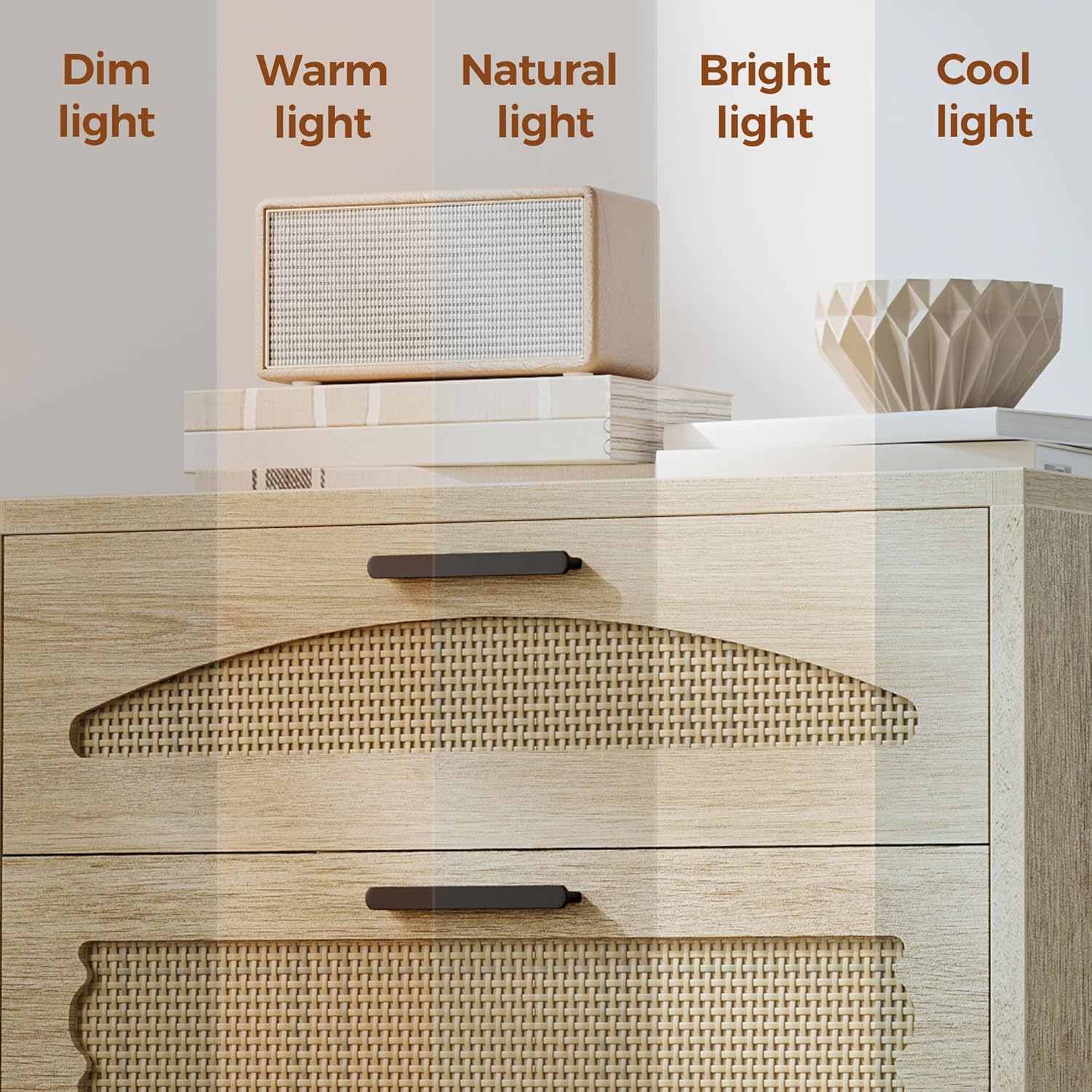 Mericonia 5 Drawer Rattan Dresser for Bedroom, Wood Tall Dresser for Closet with Metal Handles, Boho Nightstand Sets, Dressers & Chests of Drawers for Bedroom, Hallway and Entryway, Oak