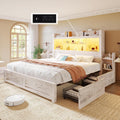 LUXOAK California King Bed Frame with 49.6' Bookcase Headboard & 2 Bedside Stoage Racks & 4 Drawers, Farmhouse Wood Bed Frame with RGB LED & Charging Station, No Box Spring Needed, Distressed White
