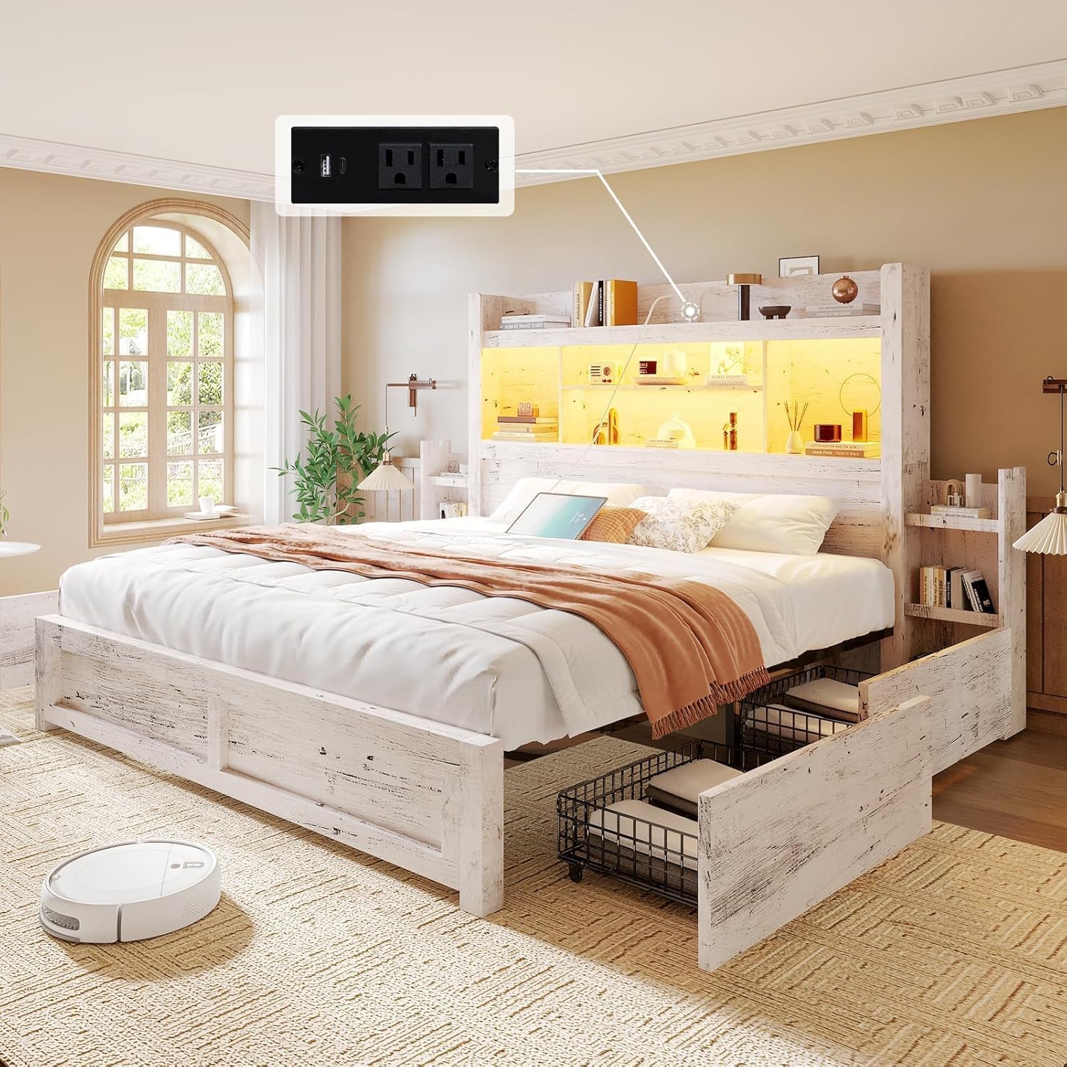 LUXOAK California King Bed Frame with 49.6' Bookcase Headboard & 2 Bedside Stoage Racks & 4 Drawers, Farmhouse Wood Bed Frame with RGB LED & Charging Station, No Box Spring Needed, Distressed White