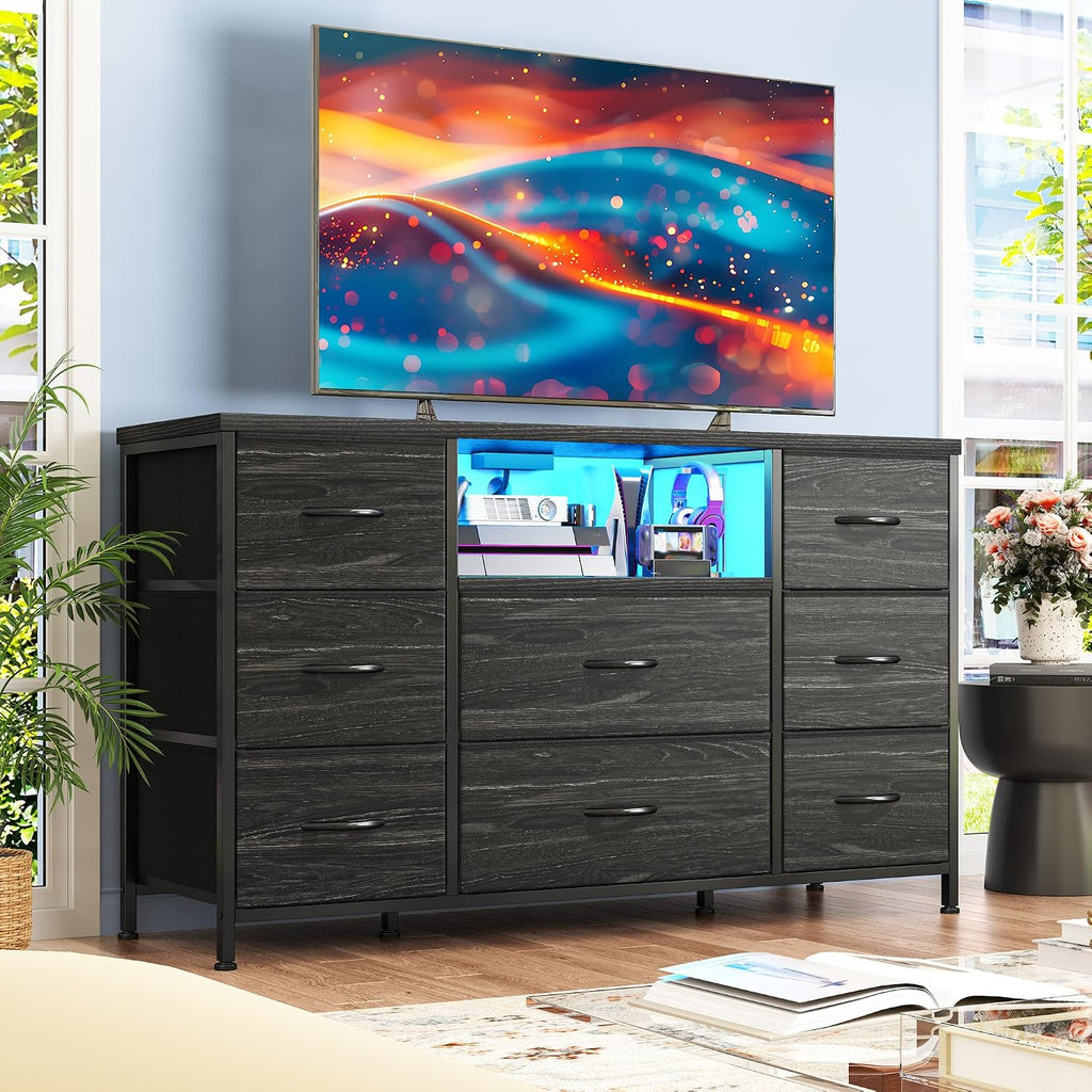 Black Dresser for Bedroom with LED Lights & Charging Station, Dresser TV Stand for Bedroom with 8 Drawer for 55 inch TV, Fabric Dressers & Chests of Drawers with Open Shelves for Hallway Entryway