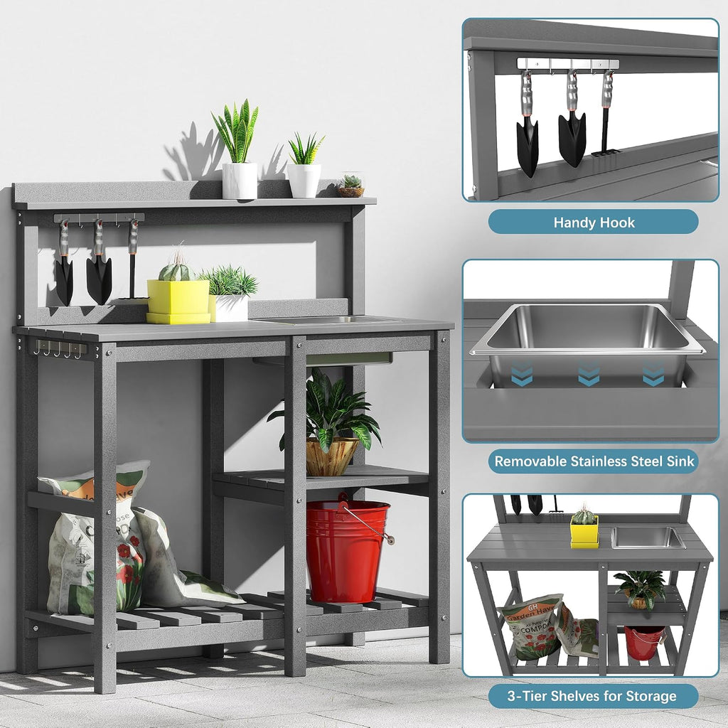 NAVINE Potting Bench, Outdoor Potting Bench with Sink, Hooks, HDPE All Weather Potting Table, Suitable for Patio, Porch, Garden, Yard, Grey
