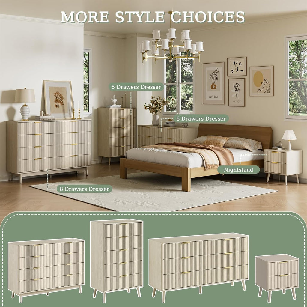 LYNSOM Fluted 8 Drawer Dresser for Bedroom, 55' Wide Modern Chest of Drawers with Curved Profile Design and Metal Handles, Wood Dresser TV Stand & Storage Organizer for Bedroom, Hallway, Beige