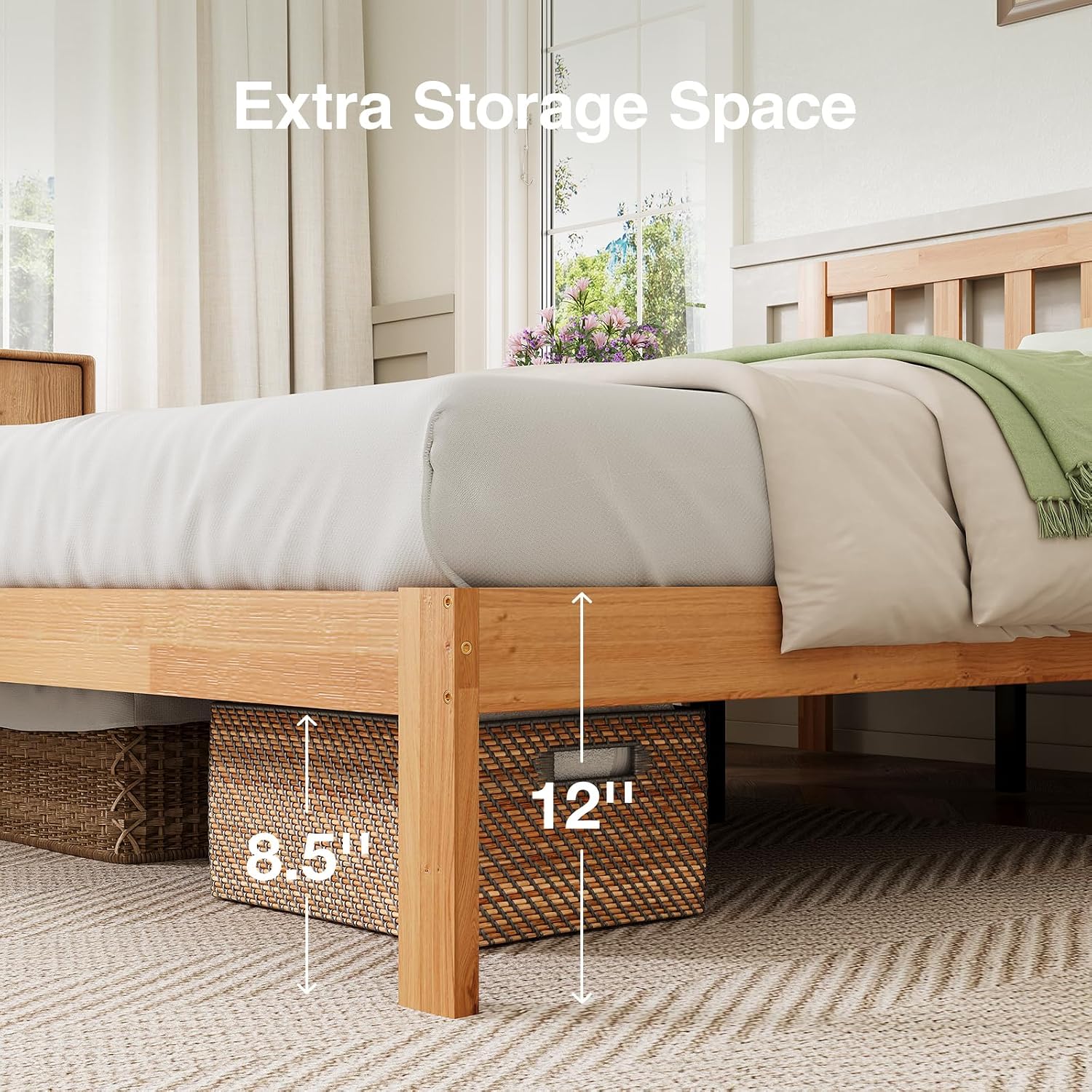 Novilla 12 Inch Queen Bed Frame with Headboard, Queen Size BedFrame with Headboard Classic Wooden Bed Frame Queen Size with Wood Slat Support, No Box Spring Needed, Easy Assembly, Natural Grain Wood