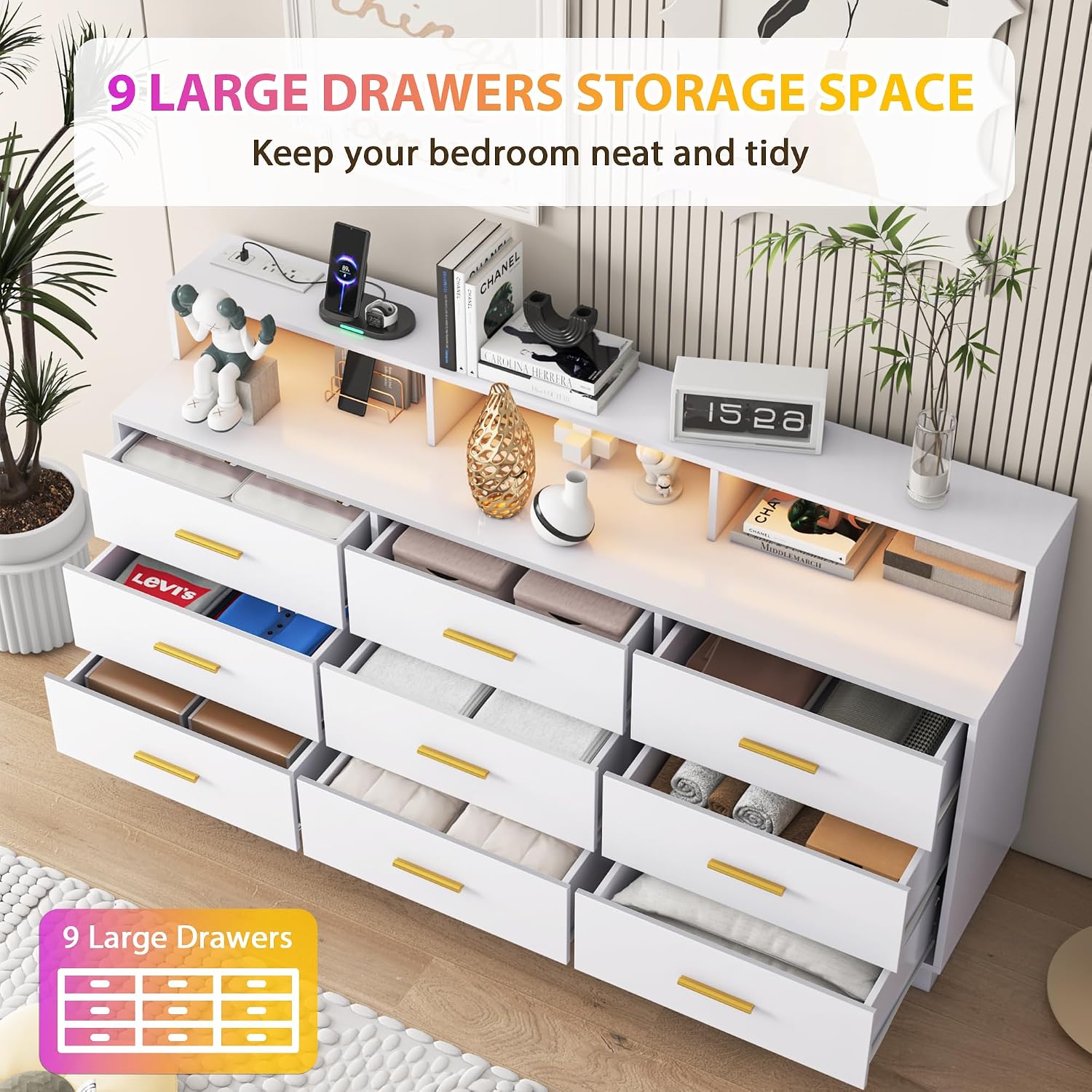 knoworld White 9 Drawer Dressers for Bedroom, Modern Large Dresser with LED Light and Power Outlet, Wooden Long Dresser, Triple Dressers for Bedroom, Entryway, Hallway