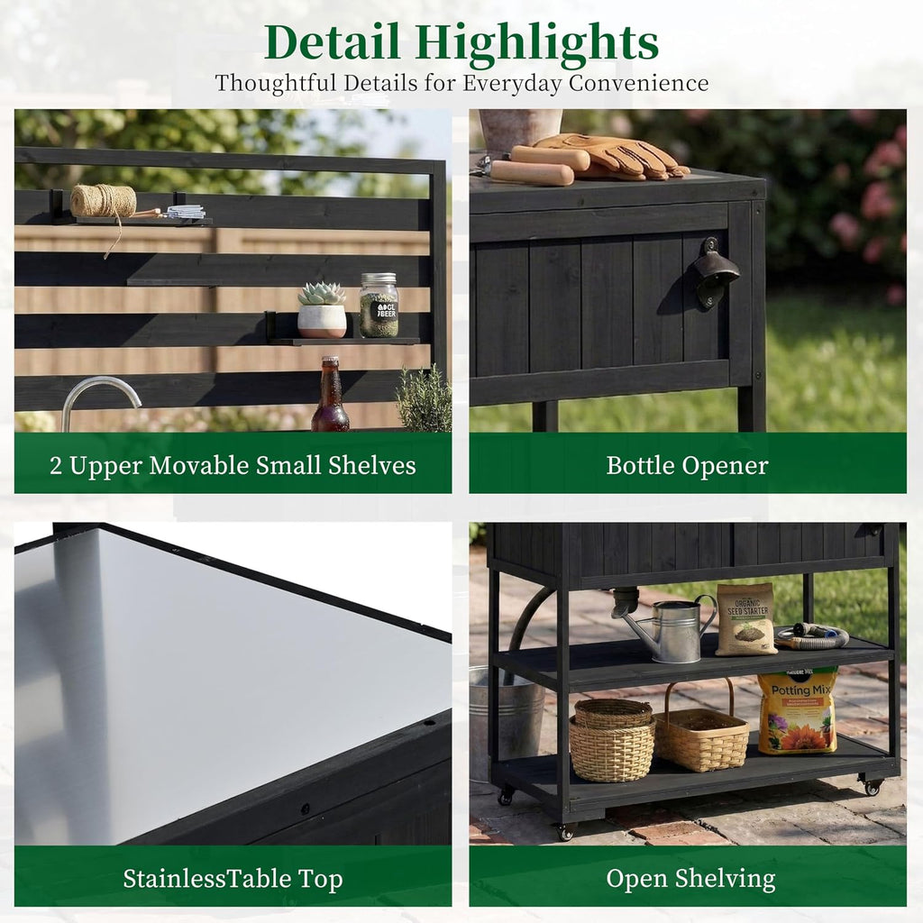 41.7'' Large Patio Rolling Kitchen Island,Solid Wood Kitchen Cart with Sink,Garden Potting Bench with Stainless Table Top,2 Movable Shelves and 1 Bottle Opener (Black-RK)