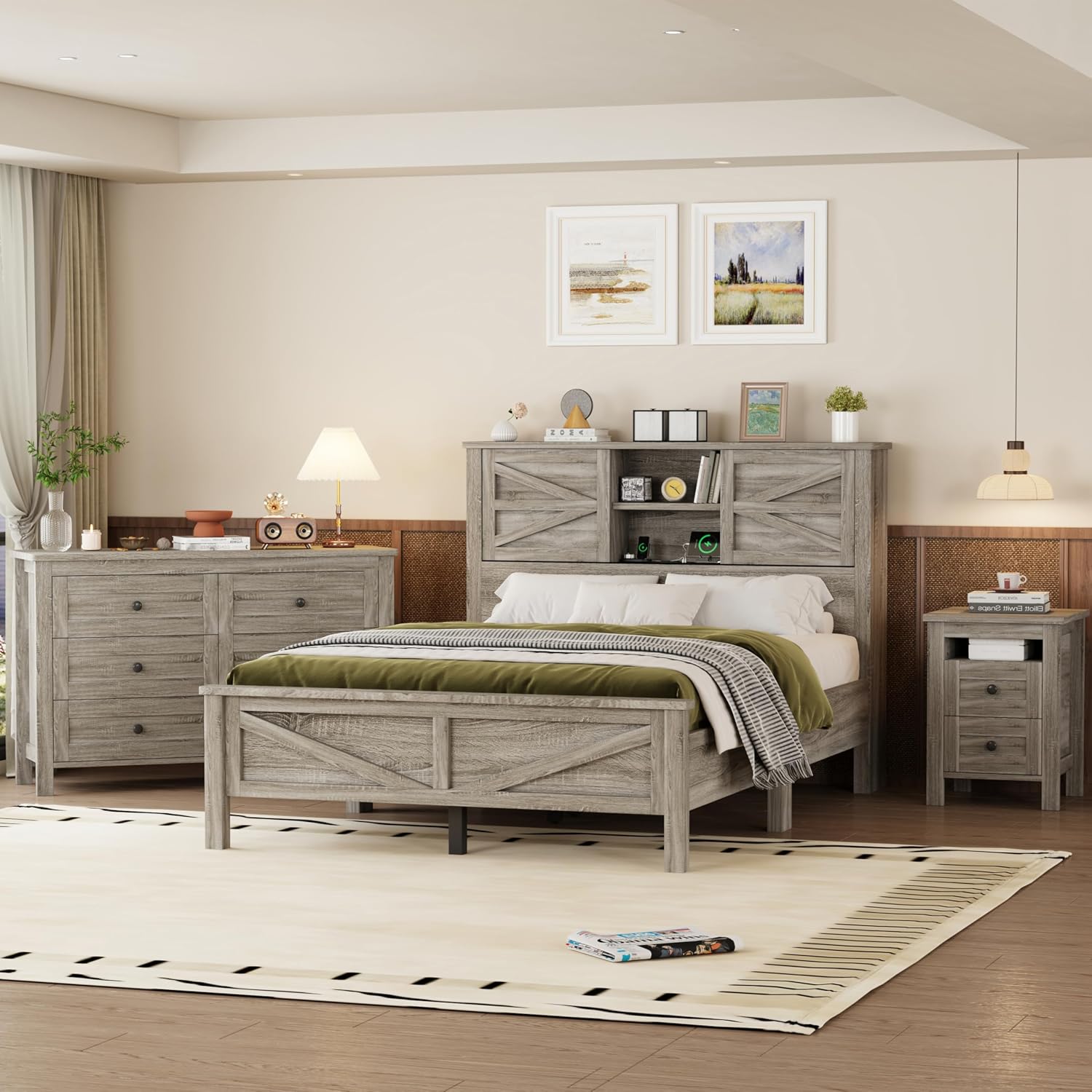 LUMISOL 3-Pieces Farmhouse Bedroom Sets, Full Size Platform Bed with Storage Headboard, Charging Stations, Storage Nightstand and Dresser, 3 Piece Bedroom Furniture Set Full Size, Gray