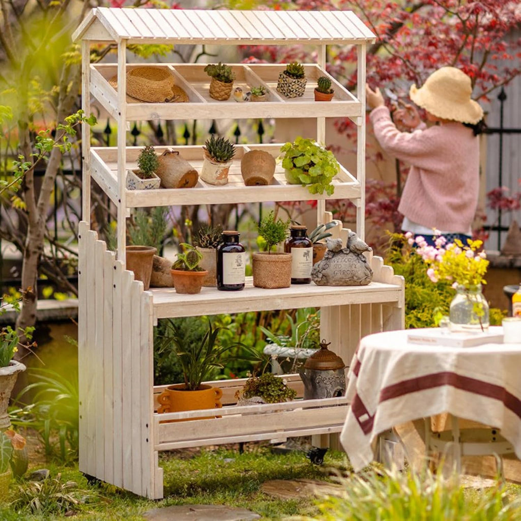 Mobile Potting Bench Table with Eaves, Garden Work Bench, Outdoor Wooden Workstation Hut with Multiple Compartments and 4 Locking Wheels, for Patio Courtyards Planter, Natural