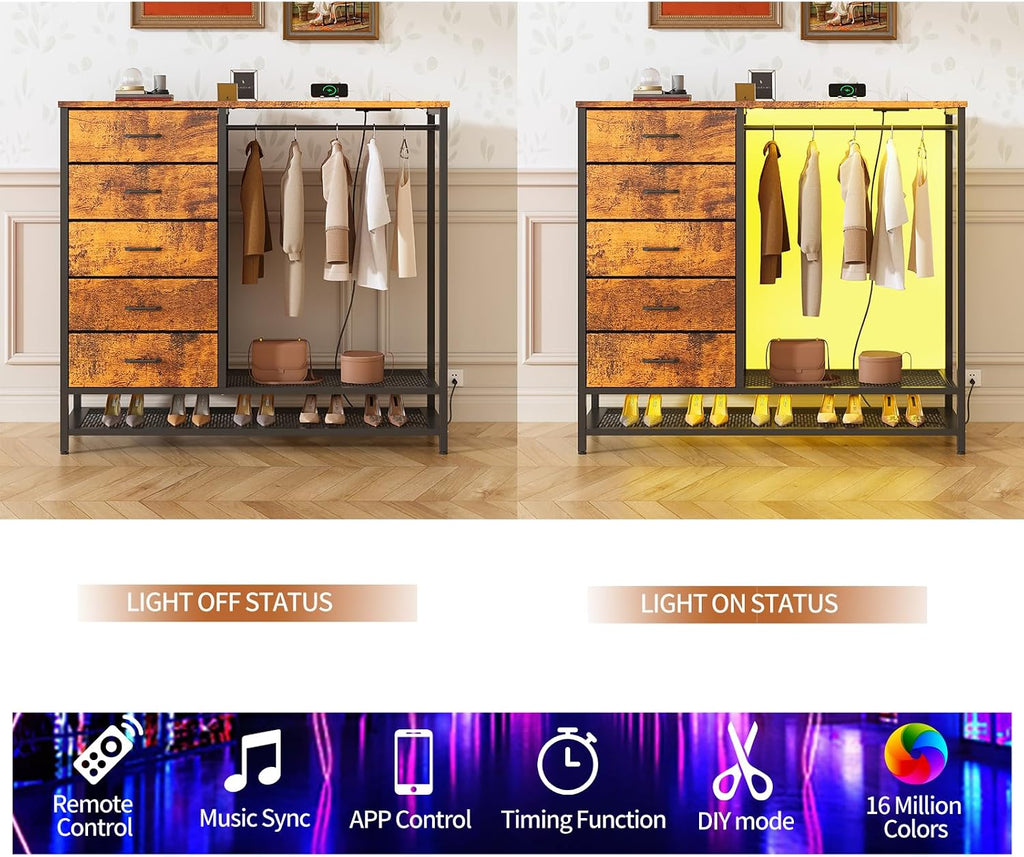 Dresser for Bedroom, Dresser with Hanging Rack Led Lights and Charging Station, Bedroom Dresser with 5 Fabric Chest of Drawers with PU Finish Storage Organizer, for Living Room Hallway Closet, Brown