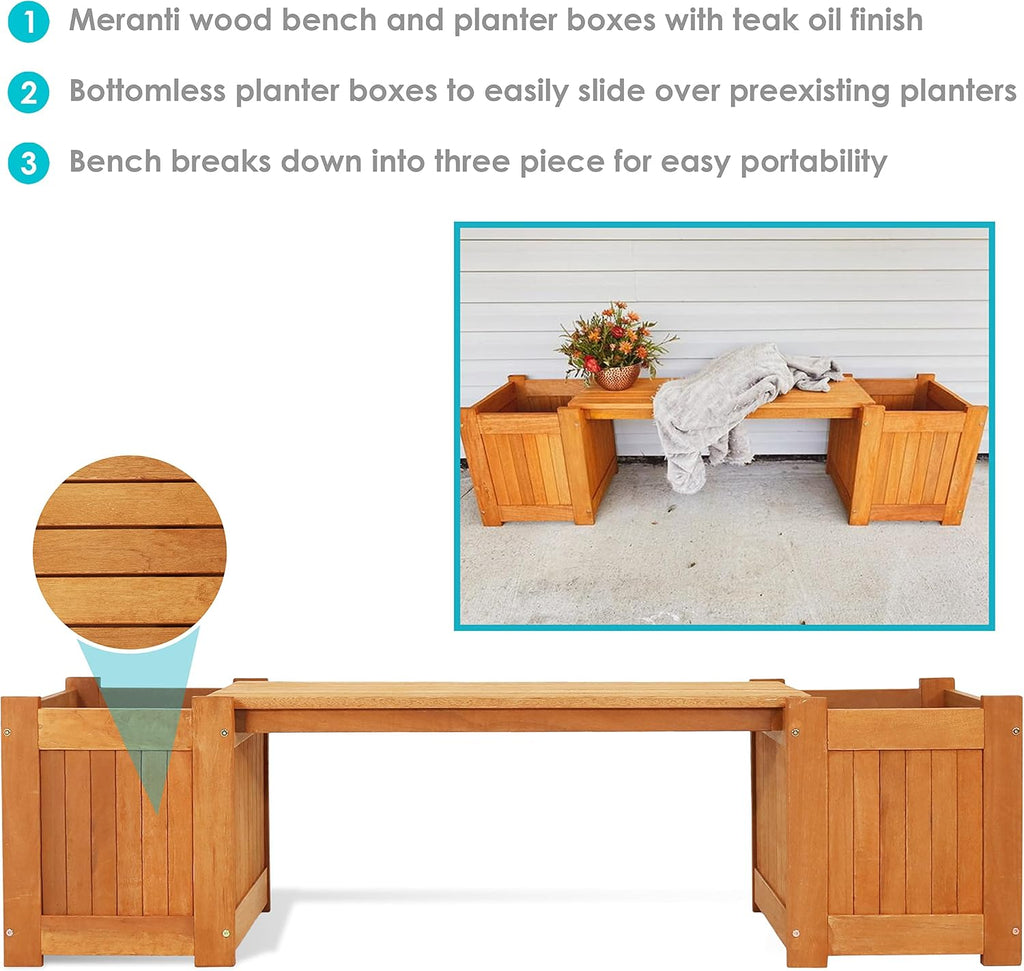 Sunnydaze 68-Inch Meranti Wood Outdoor Planter Box Bench with Teak Oil Finish
