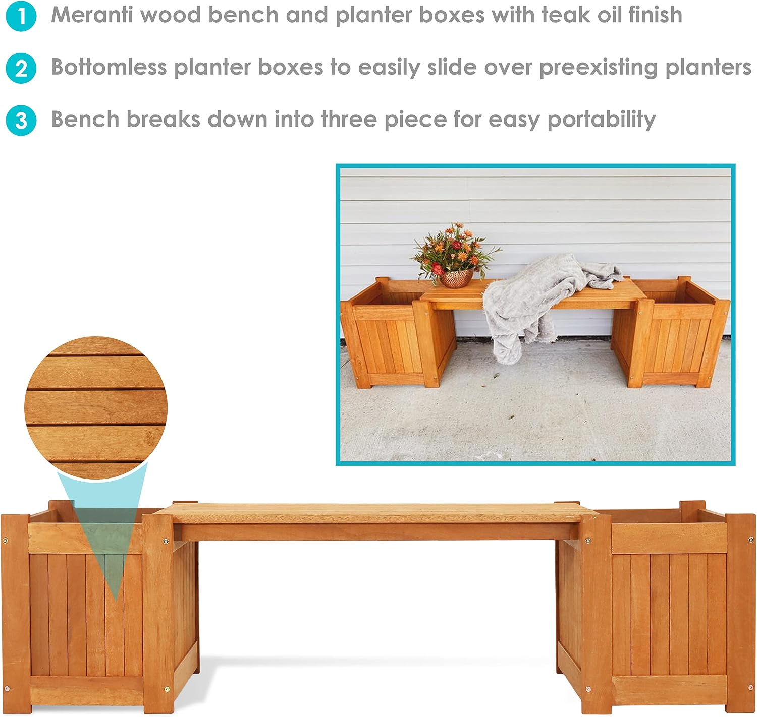 Sunnydaze 68-Inch Meranti Wood Outdoor Planter Box Bench with Teak Oil Finish