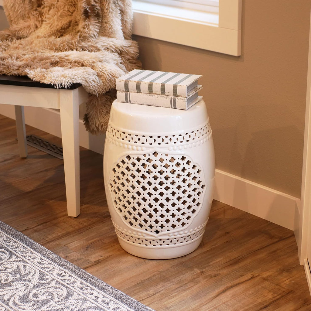 Sunnydaze Ceramic Garden Stool Side Table - Indoor or Outdoor - Marrakesh - White