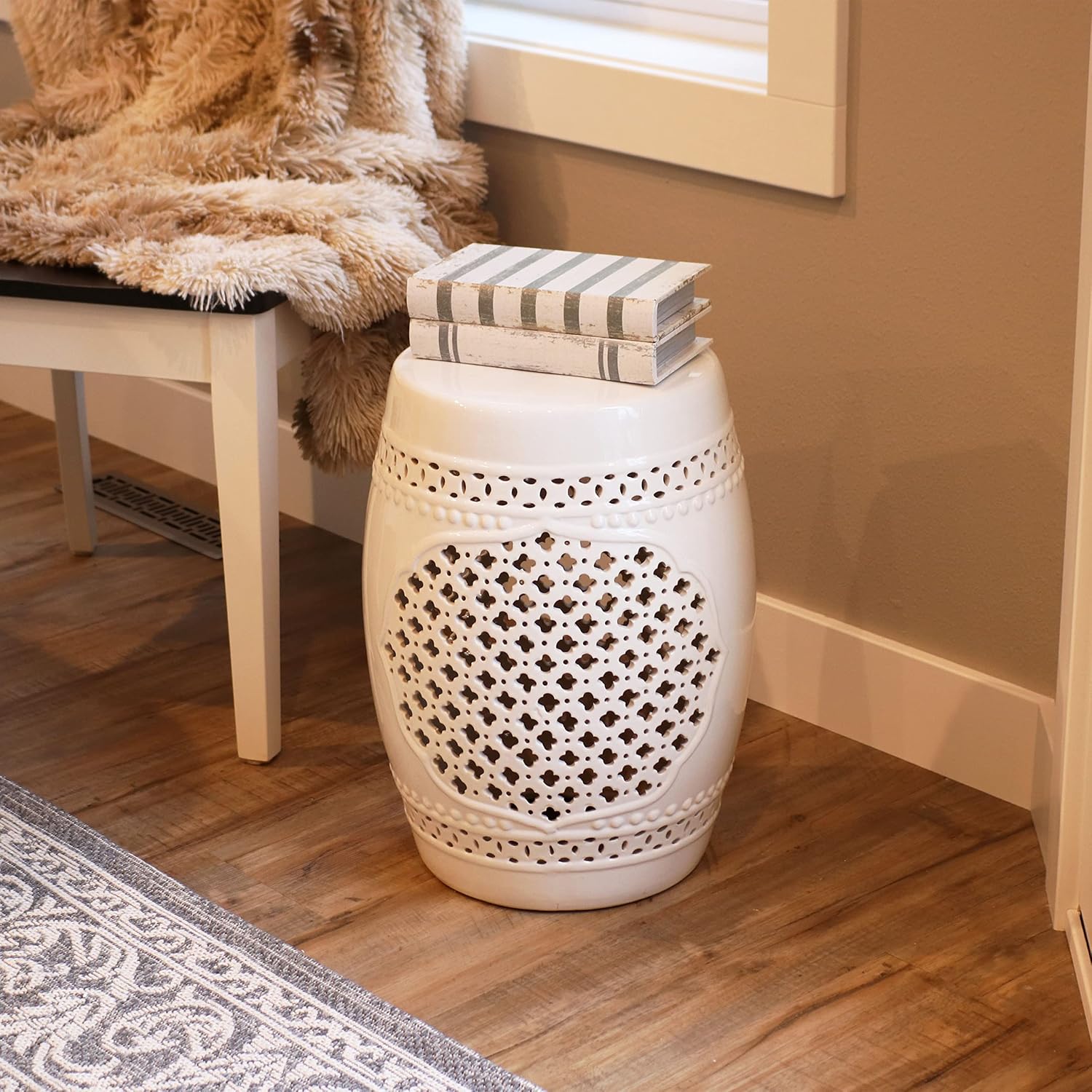 Sunnydaze Ceramic Garden Stool Side Table - Indoor or Outdoor - Marrakesh - White