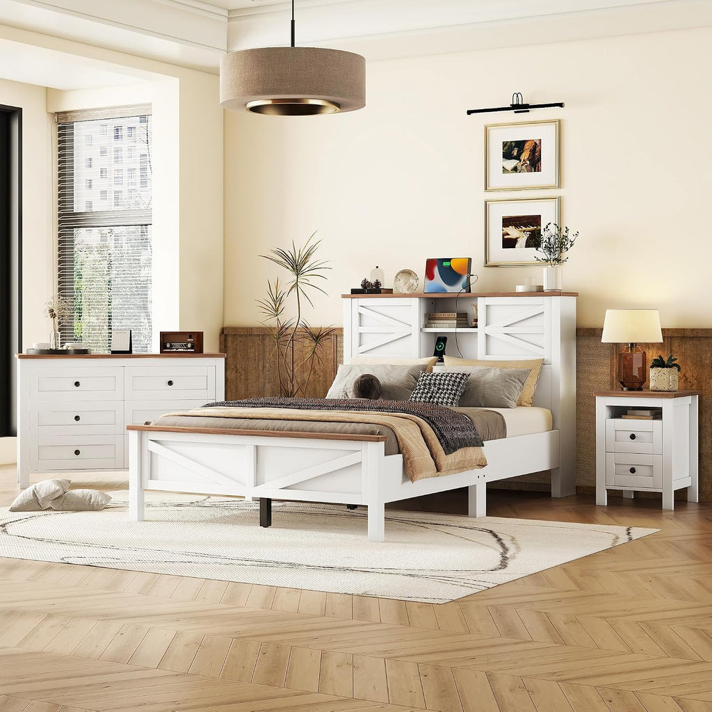 3 s Bedroom Sets Full Size Platform Bed with Double Sliding Door Storage Headboard and Charging Station, Storage Nightstand and Dresser, White+Brown
